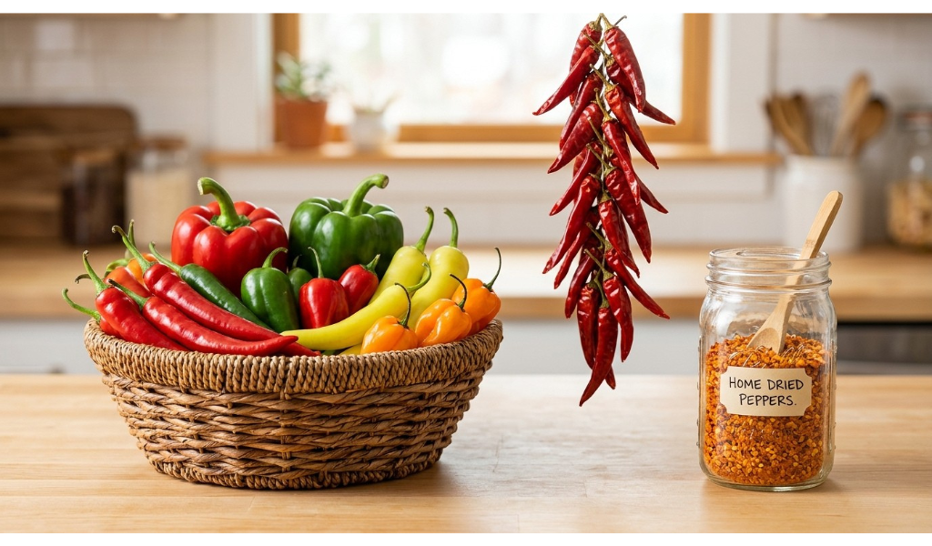 A vibrant assortment of fresh garden peppers next to jars filled with homemade dried peppers and flakes, illustrating the full preservation process.