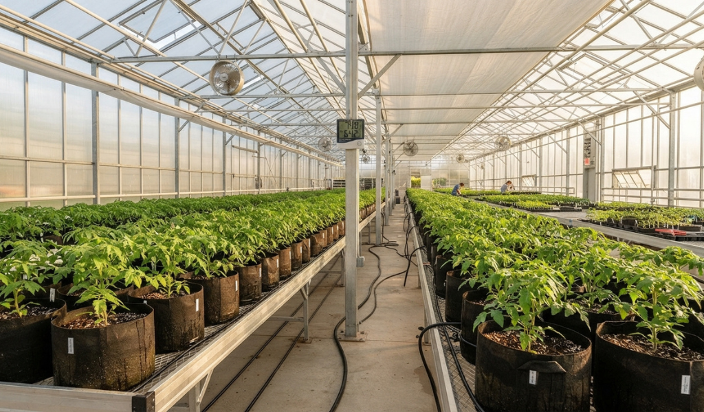 A thriving greenhouse interior with young tomato seedlings in grow bags, showing ventilation systems and a thermometer.