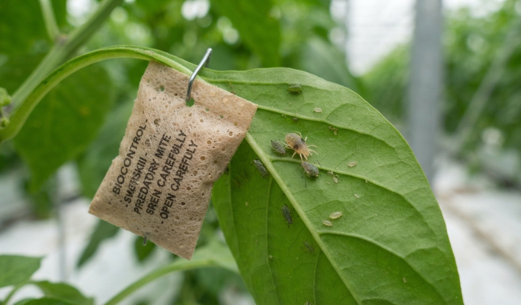 Macro shot of a greenhouse pepper leaf showing a small paper sachet hanging from the stem, used for releasing beneficial insects to control pests naturally.Caption: Greenhouse growers often use Integrated Pest Management (IPM), relying on the introduction of beneficial insects—whose eggs are contained in these hanging sachets—to combat pests like aphids.
