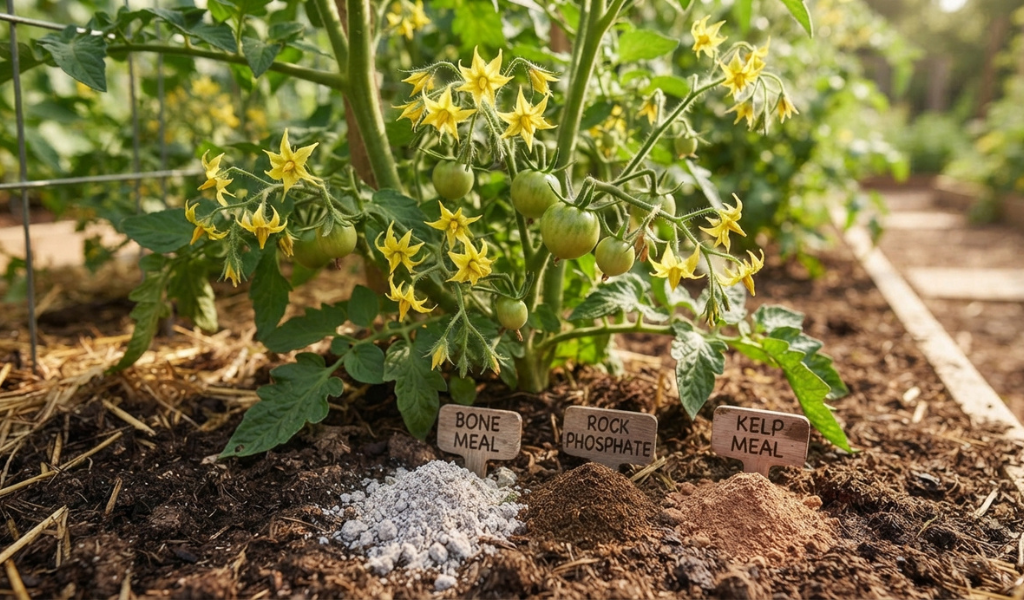 Close-up of a flowering tomato plant section in a sunlit garden, with a blurred bag of Gardener's Gold 3-8-8 organic tomato fertilizer visible in the background.