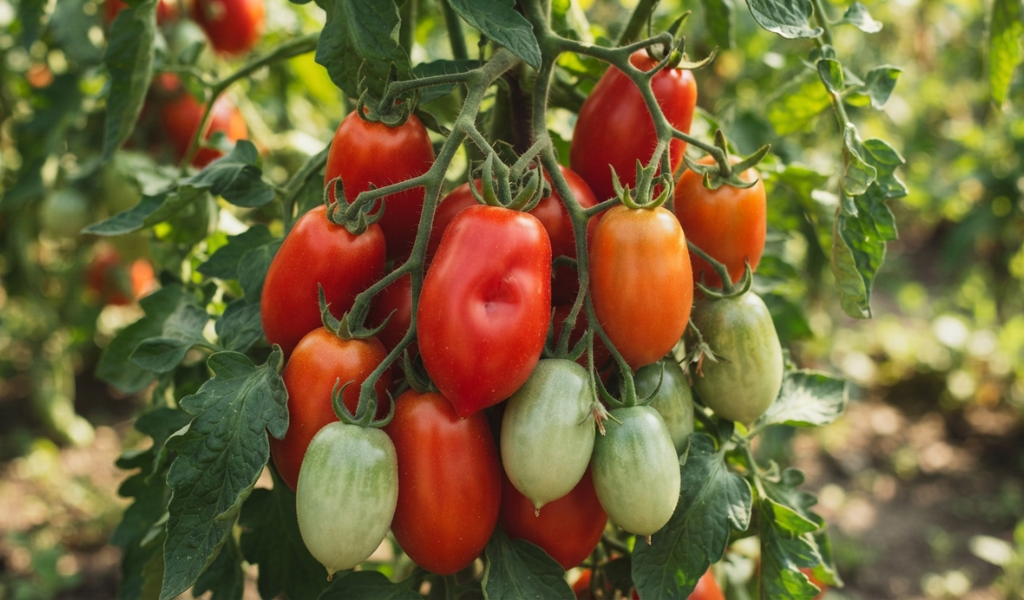 A heavy cluster of San Marzano tomatoes on the vine, showing the progression from green to rich red fruit, perfectly ripe for harvest.