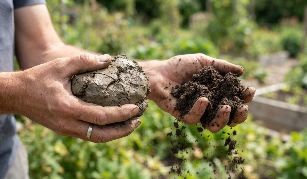 Gardener's hands comparing a dense ball of wet clay soil (left) with a handful of rich, crumbly loam soil (right) for tomatoes.