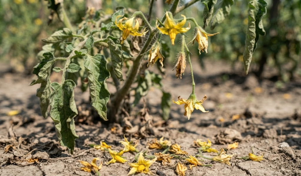 Visual evidence of tomato blossom drop showing dried yellow flowers falling and scattered on the soil beneath a heat-stressed tomato plant.