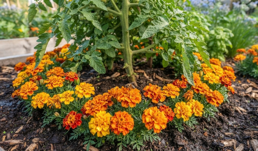 Close-up of the base of a tomato plant surrounded by a dense border of flowering orange and yellow marigolds to deter nematodes.