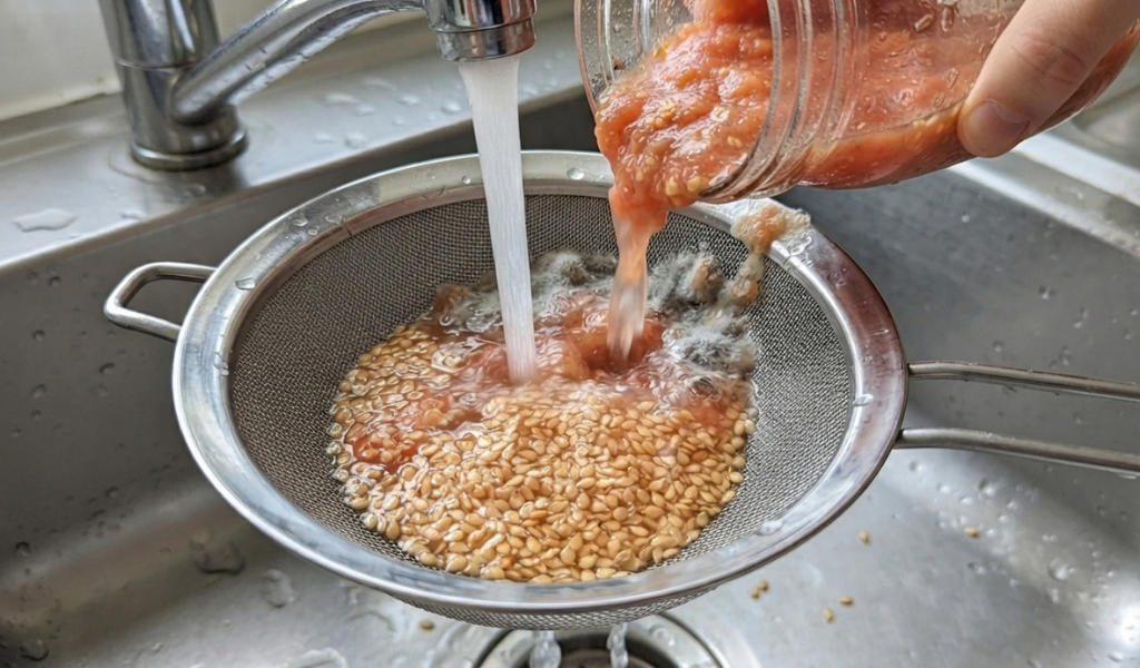 Close-up of fermented tomato seeds being rinsed in a fine-mesh sieve under running water, separating clean seeds from pulp.