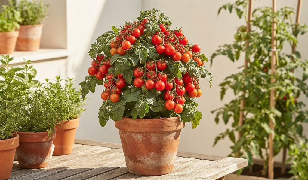 A compact, bushy determinate cherry tomato plant growing in a terracotta pot on a sunny patio, showcasing its neat growth habit compared to traditional varieties.
