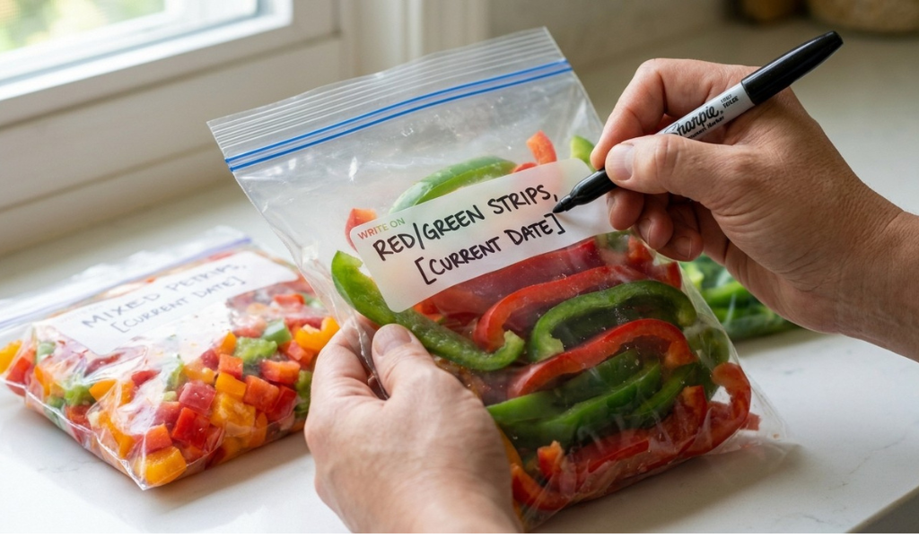 A hand uses a black permanent marker to label a clear, filled freezer-safe plastic bag with "RED/GREEN STRIPS" and the date, showcasing the final organization step on a kitchen counter.