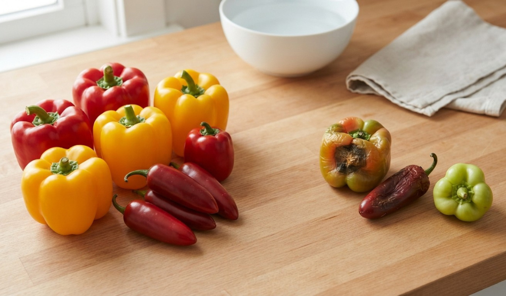 A high-definition, overhead photograph contrasting two piles of freshly picked garden peppers on a wooden counter to illustrate how to sort produce for preservation. The left pile contains firm, mature red and yellow peppers, while the right pile contains soft, wrinkled, and overripe peppers.