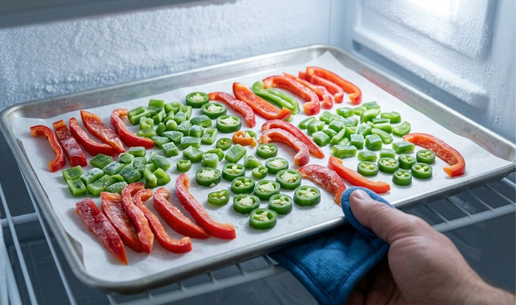 An overhead view of a metal baking sheet lined with parchment paper, holding a single layer of individually frozen, separated red, green, and orange pepper strips and diced cubes, inside a well-lit freezer.