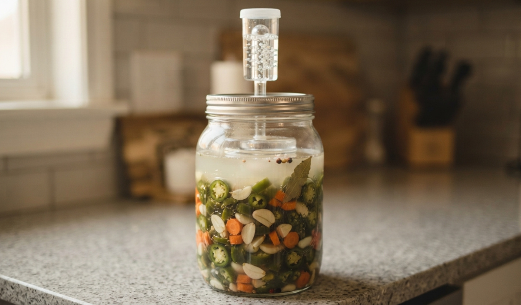 A glass fermentation crock with an active airlock, showing a cloudy brine with chopped green jalapeños, garlic, and carrots being naturally fermented.