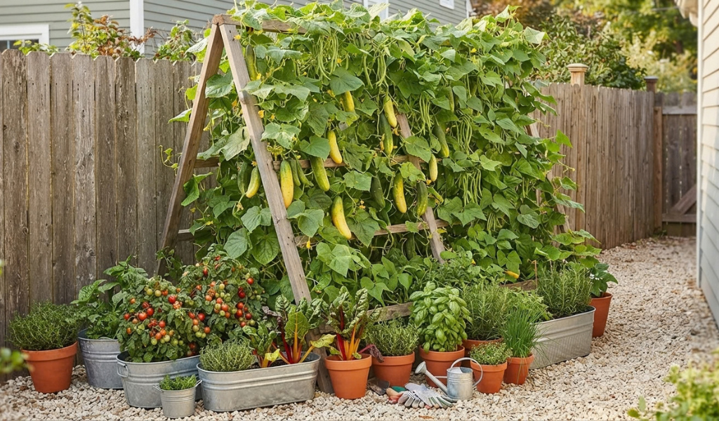 A vertical vegetable garden in a small space, with cucumber vines and pole beans climbing a trellis, and containers with herbs and tomatoes.