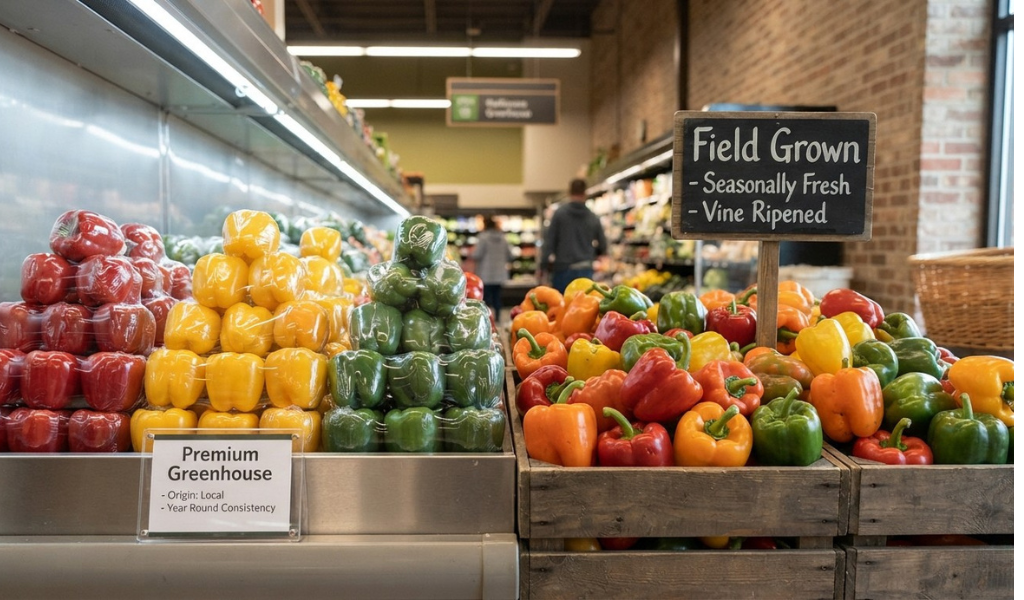 A side-by-side view of two produce displays: one featuring uniform, shrink-wrapped greenhouse peppers (left), the other featuring varied, rustic field-grown peppers in crates (right).Caption: The consumer choice: the year-round uniformity of greenhouse peppers (left) or the seasonal character of field-grown produce (right).