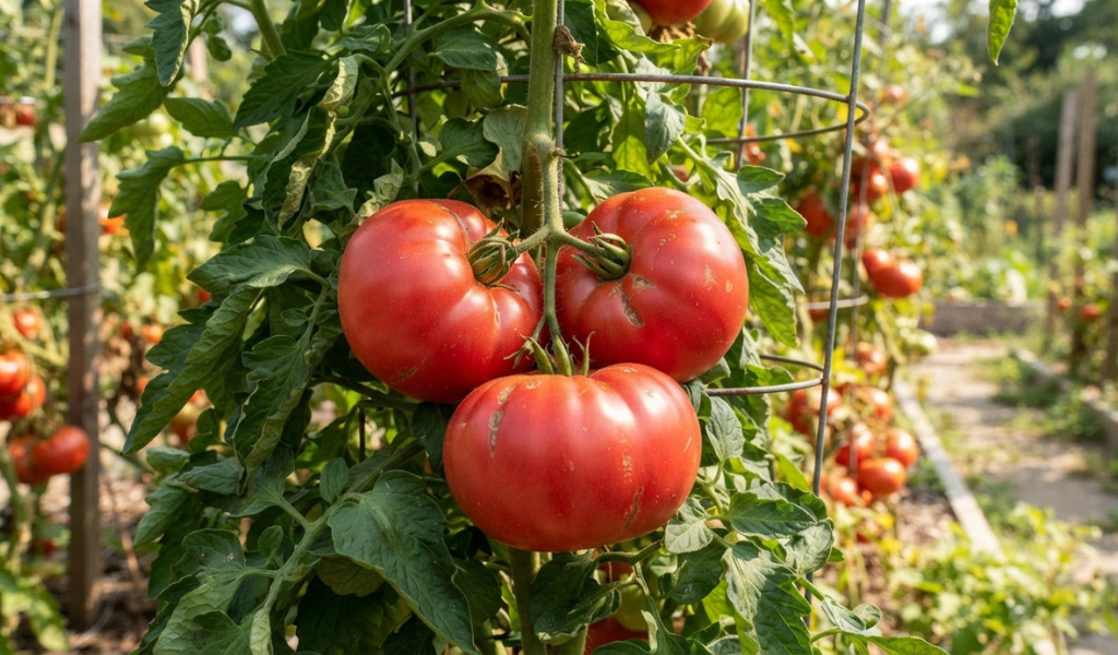 Close-up of heavy, ripe red beefsteak tomatoes on the vine in a sunny garden, ready for harvest.