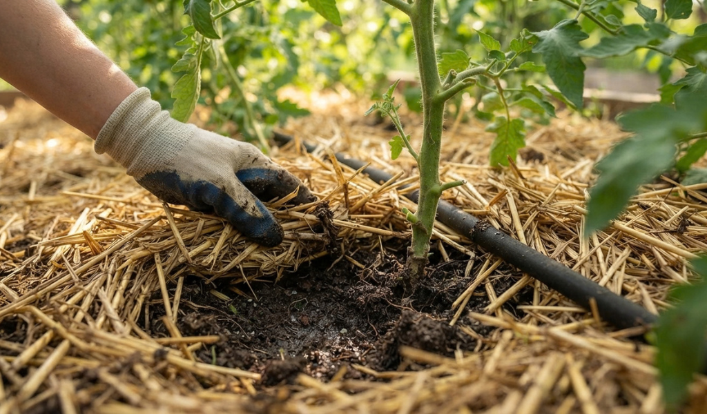 Close-up of a tomato plant's base with rich, moist soil protected by a thick layer of straw mulch and a soaker hose for consistent watering.