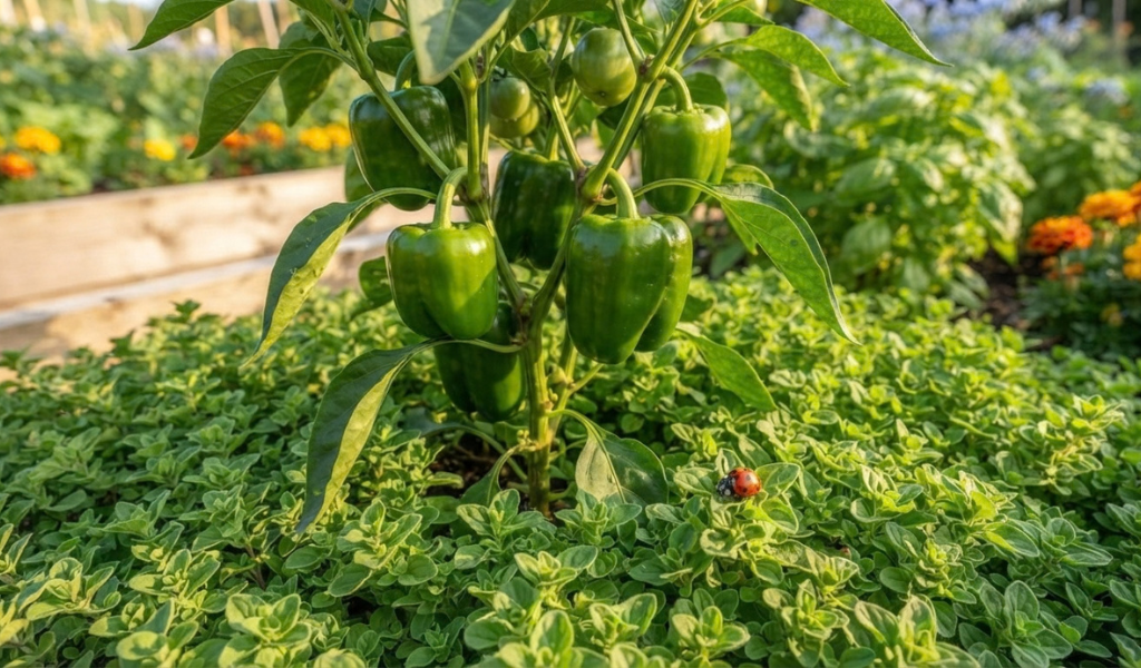 A healthy bell pepper plant mulched with a sprawling ground cover of aromatic oregano, which attracts beneficial insects like ladybugs.