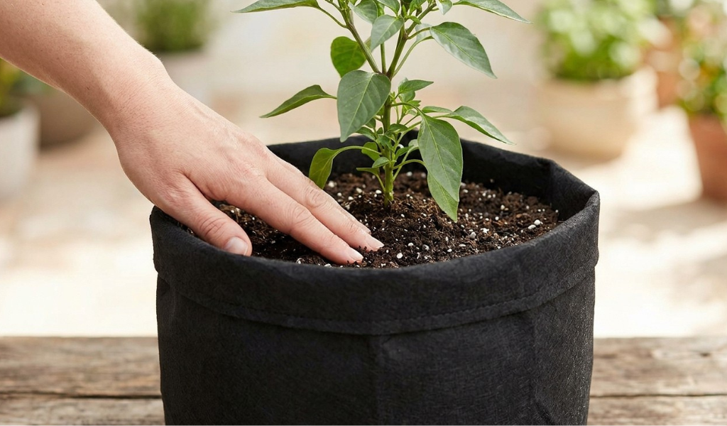 A healthy young chili plant thriving in a traditional earthy terracotta pot. The pot shows mineral deposits and its natural texture. A hand lightly presses the soil, illustrating the stable base the heavy pot provides, while the plant's healthy green leaves and small white flowers contrast with the warm clay tones.