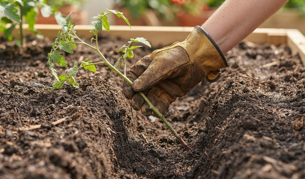 A gardener’s gloved hand demonstrates how to deep-plant a cherry tomato seedling, laying the lower, leafless stem horizontally into a trench in the soil to encourage strong root development.