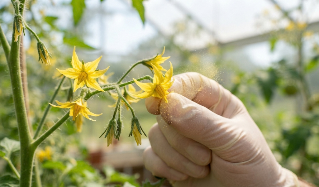 A gardener gently tapping tomato flower clusters by hand to release pollen and aid self-pollination in a greenhouse setting.