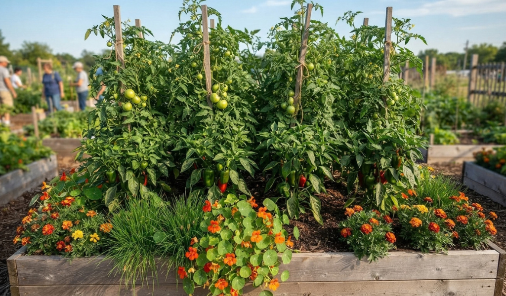 An overhead view of an intensive, layered garden bed demonstrating optimal spacing: tall staked tomatoes in the back, medium peppers in the middle, and low herbs and flowers in the front.