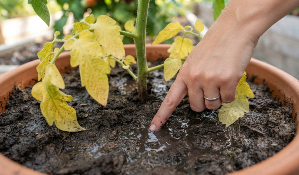A close-up of a container tomato plant with waterlogged, muddy soil and uniformly yellowed lower leaves, illustrating the effects of overwatering.