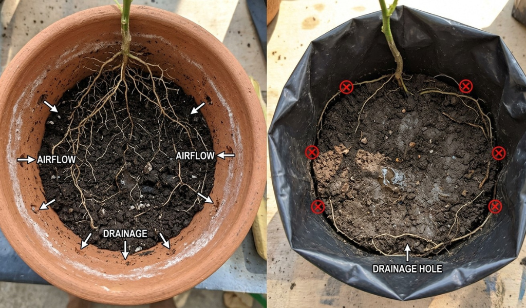 A flexible, breathable black fabric grow bag holding a thriving chili plant on a sunlit patio. A hand is gently feeling the dark soil mix to check moisture. The bag offers excellent drainage and aeration, while being lightweight and easy to manage compared to heavy clay.