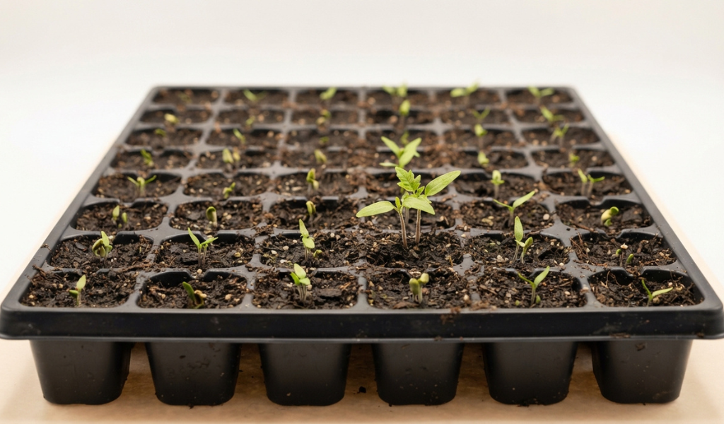 Macro shot of young beefsteak tomato seedlings with cotyledon and first true leaves emerging in a seed tray.