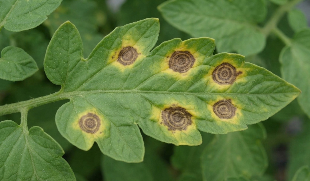 Close-up of a tomato leaf showing the distinctive concentric rings (bullseye pattern) of early blight lesions, with surrounding yellowing tissue.