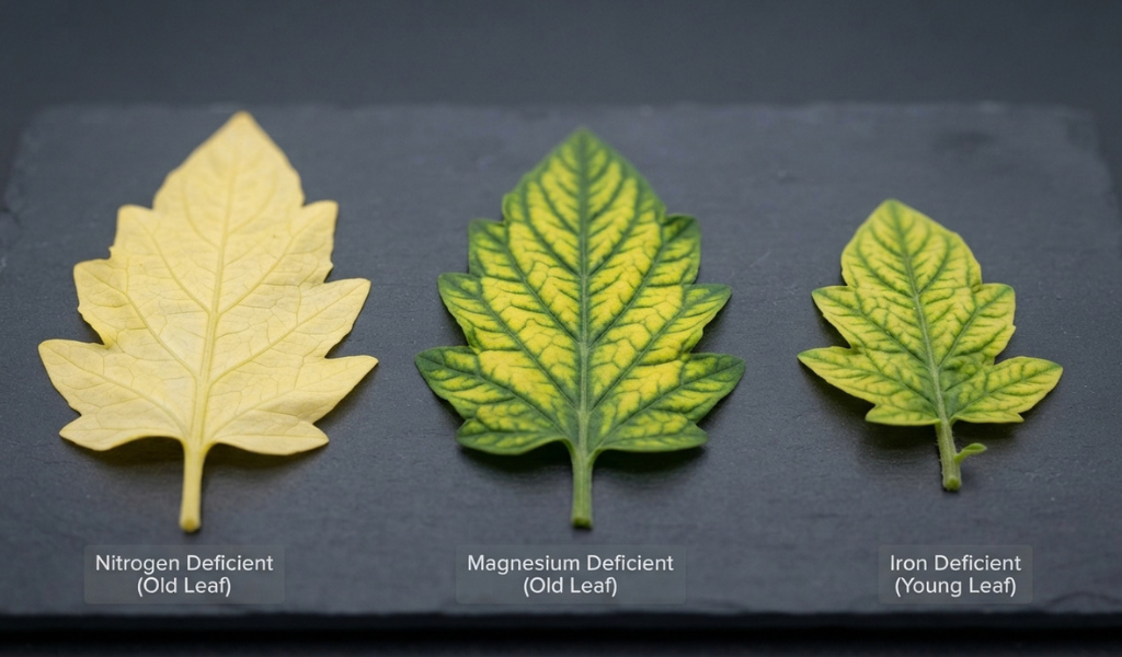 A comparison chart of three tomato leaves showing different nutrient deficiency patterns: uniform yellow (Nitrogen), interveinal chlorosis (Magnesium), and yellowing on younger leaves (Iron).