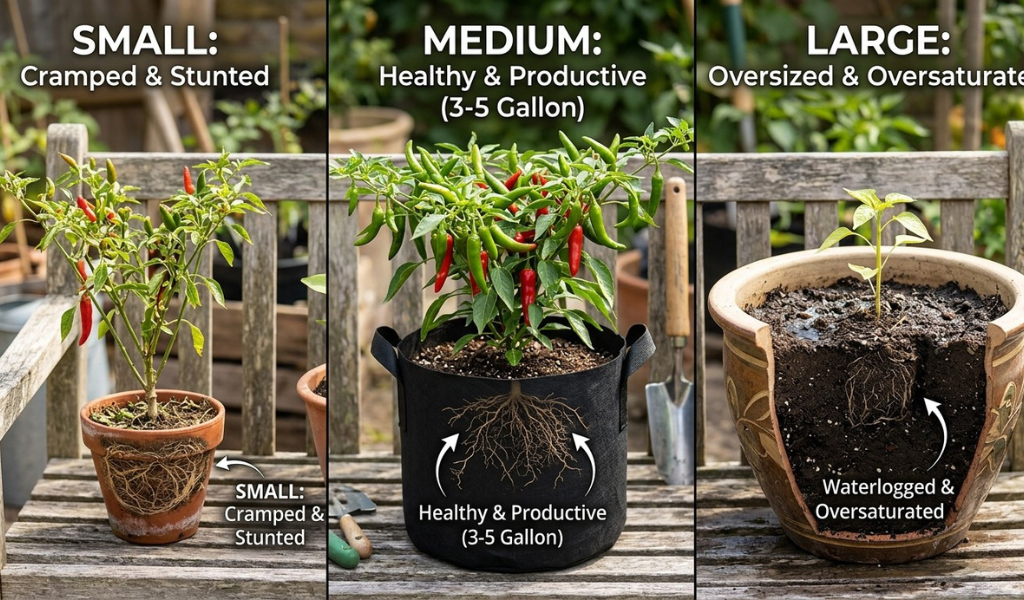 A comparative infographic featuring three thriving chili plants in different sized containers within a rustic, sunlit garden setting. The central panel highlights the optimal 3-5 gallon size for a full-size, productive plant. The far-left shows a small, cramped plant with circling roots (stunted growth). The far-right displays a tiny seedling over-potted in a massive container of water-logged soil, with sparse roots visible (risk of rot). Clear labels and root dynamics are shown side-by-side on a weathered bench.
