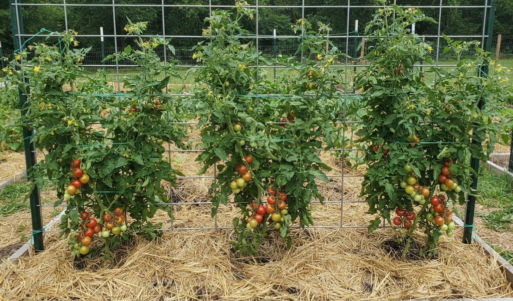 A flourishing vegetable garden showing tall indeterminate cherry tomato plants trained and secured vertically onto a sturdy metal cattle panel trellis, with the ground covered in straw mulch.