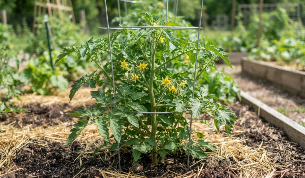 Healthy, leafy young beefsteak tomato plant with yellow flowers, surrounded by a wire cage in a garden bed.