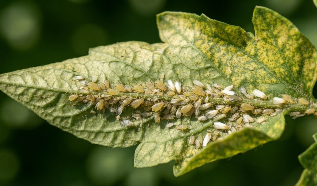 A macro photograph of the underside of a tomato leaf heavily infested with clusters of tiny yellow aphids and whiteflies, causing visible stippling on the upper leaf surface.