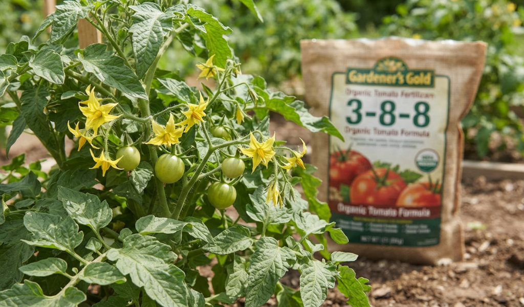 Close-up of a flowering and fruiting tomato plant, with a blurred bag of 3-8-8 organic fertilizer visible in the background.