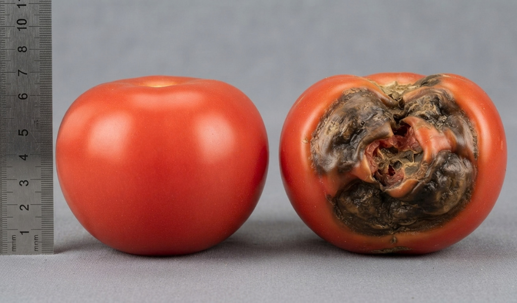 Side-by-side comparison photo of a healthy red tomato and a tomato infected with late blight, showing large, dark, greasy lesions on the infected fruit.