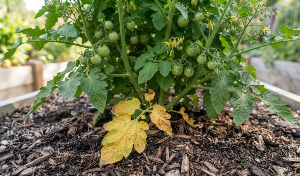 A mature tomato plant with healthy green upper growth and fruit, showing only one or two completely yellowed, withered leaves at the very base, indicating natural aging.