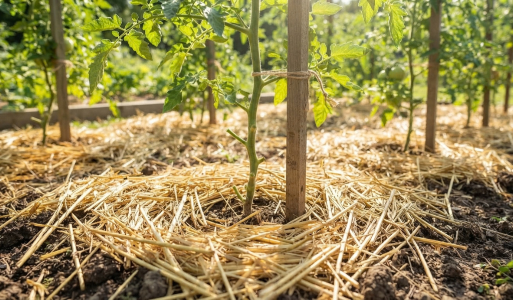 A garden view of the base of a tomato plant showing proper preventive care: lower leaves pruned for airflow, clean straw mulch covering the soil, and staked stems rising clearly above the ground.