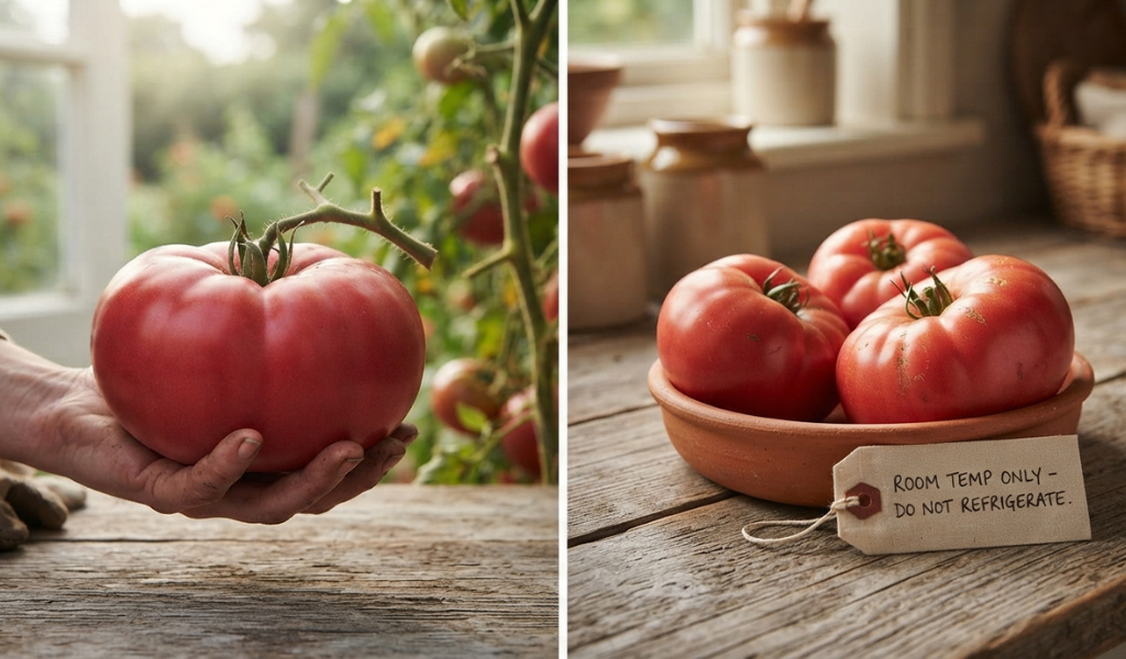 Close-up photograph of a freshly harvested, perfectly ripe red beefsteak tomato held by hand in a garden, next to a bowl of other ripe beefsteak tomatoes stored stem-side down on a wooden counter with a "Room Temperature Only