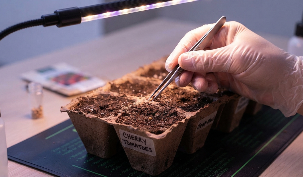 A gloved hand using tweezers to carefully plant a tiny tomato seed in a soil cell under bright LED grow lights.