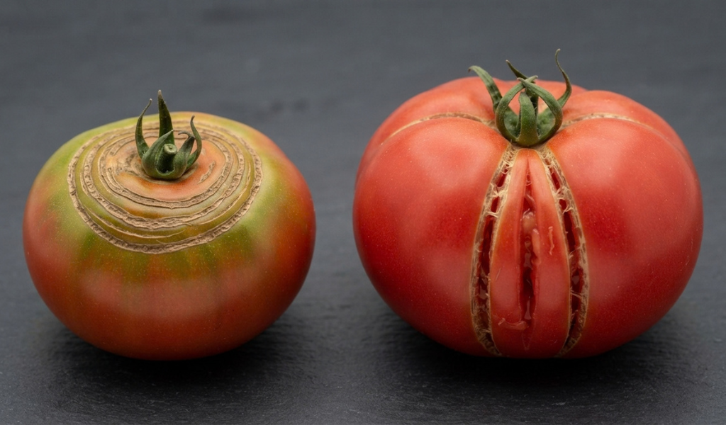A macro educational comparison showing two tomatoes: one with concentric, circular cracks around the stem, and another with deep, vertical radial cracks running down its side, placed on a dark slate background.