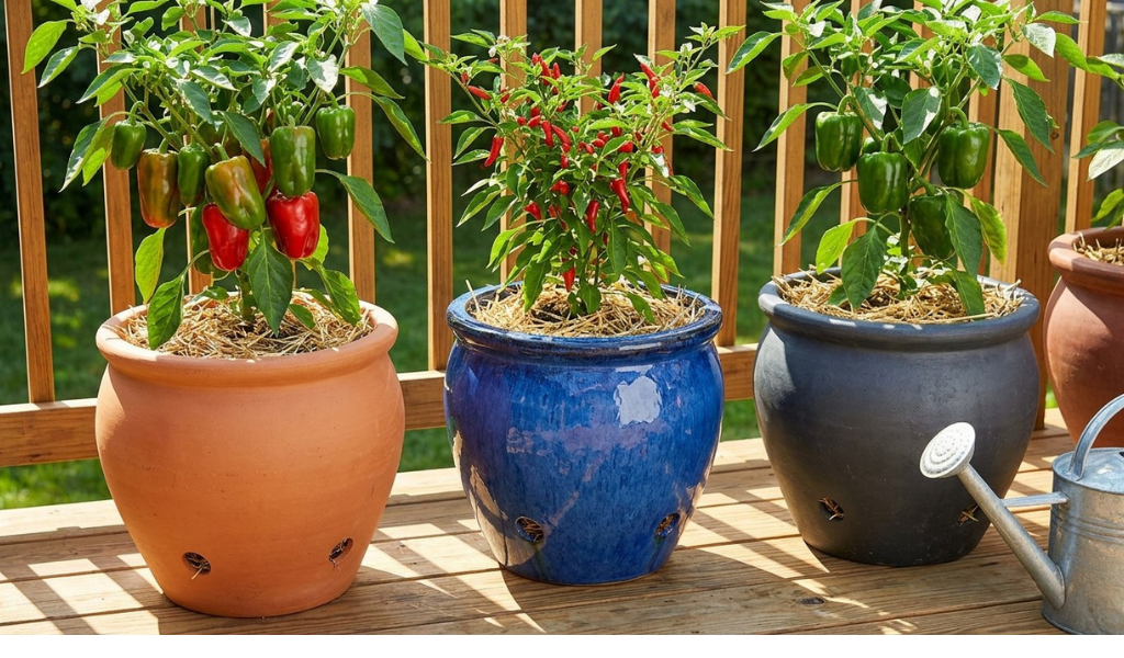 Sunlit wooden deck displaying three large, stylized ceramic pots, each housing a thriving pepper plant loaded with fruit, demonstrating container gardening.