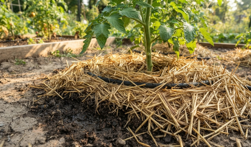 A ground-level garden photograph showing a thick layer of straw mulch covering dark, moist soil around the base of a healthy tomato plant, contrasting sharply with the dry, cracked earth nearby.