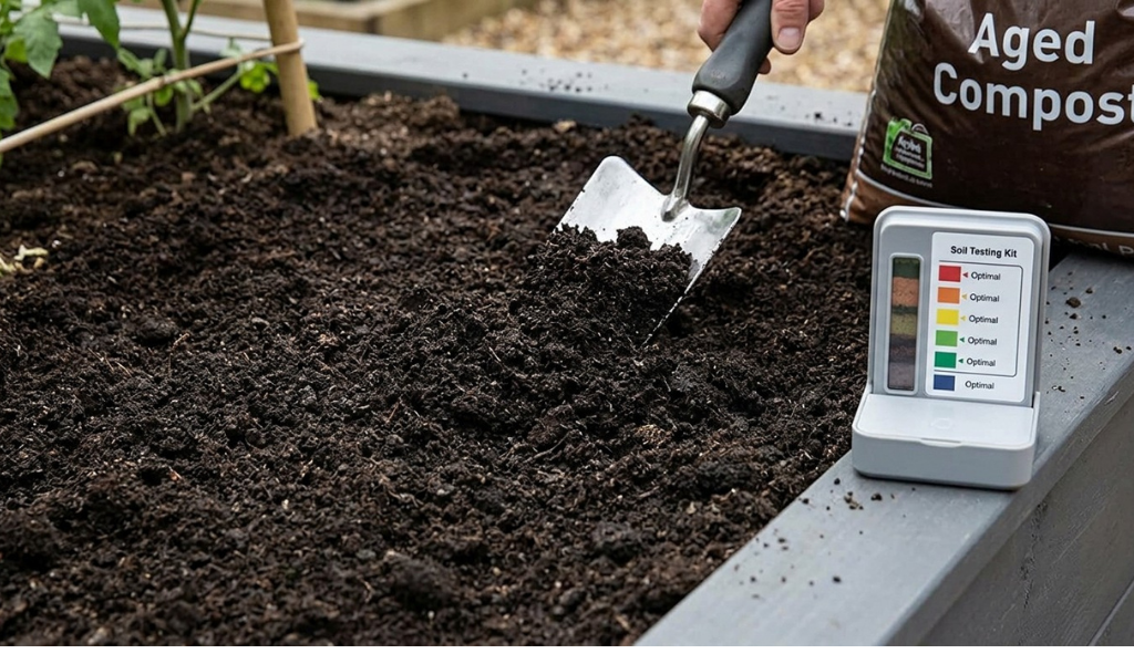 Close-up shot of rich, dark compost soil being worked into a garden bed with a trowel, beside a soil testing kit showing positive results.