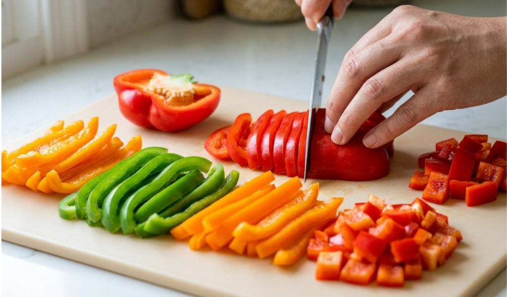 A close-up of a hand slicing a fresh red bell pepper into thin strips on a cutting board, with sorted piles of chopped green and orange peppers nearby, demonstrating meal prep.