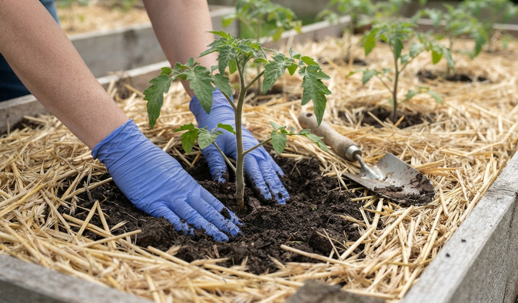 A gardener's gloved hands transplanting a young Roma tomato seedling, burying the stem deeply and surrounding it with a thick layer of straw mulch in a garden bed.