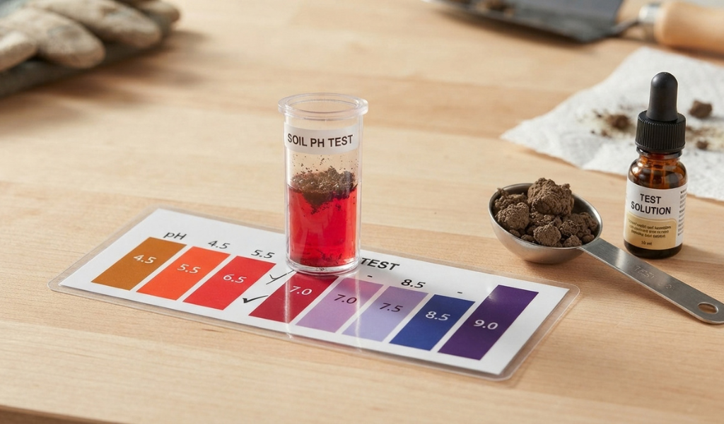 A home soil pH test kit showing a reaction in a plastic vial, with the resulting color being compared against the printed color chart.