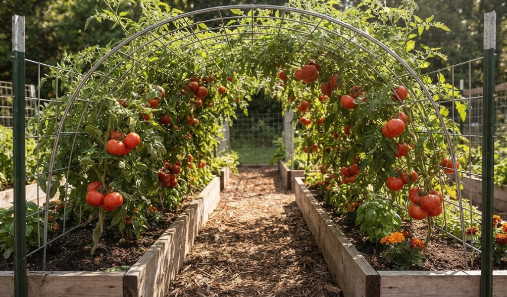 A large, arched cattle panel trellis forming a lush tunnel over a garden path, covered in dense indeterminate tomato vines and ripe red fruit.