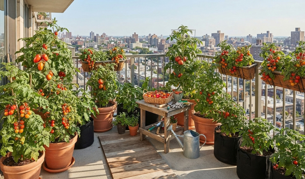 A sun-drenched balcony showing healthy tomato plants thriving in full sun, supported by cages and stakes against a city skyline background.