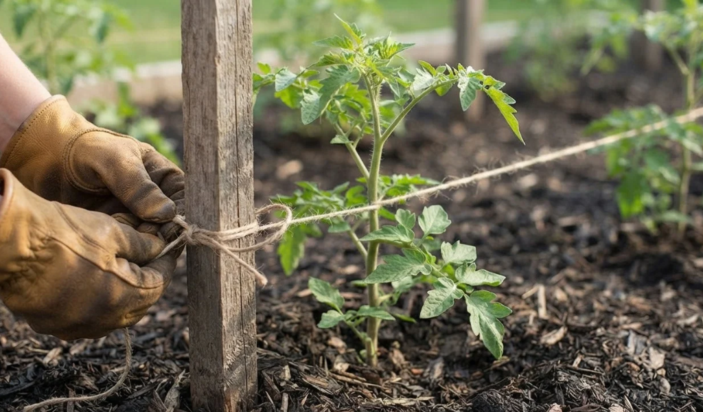 Close-up of a gloved hand tying the first line of jute twine to a wooden stake and making the initial weave around a young tomato plant stem.