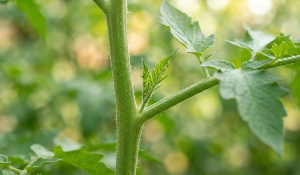 Macro photograph of a tomato plant stem showing a small sucker growing in the V-shaped axil joint between the main stem and a large leaf branch.