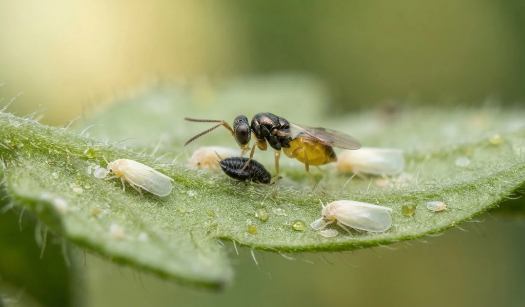 Macro shot of a tiny Encarsia formosa wasp parasitizing a black whitefly nymph on a tomato leaf.